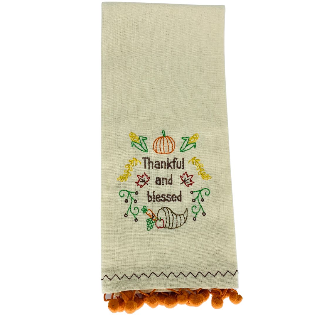 Thankful and Blessed Tea Towel With Pom-Poms