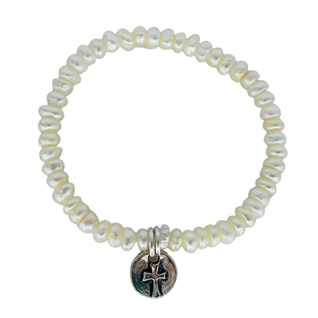 Child's Stretchy Pearl Bracelet with Cross