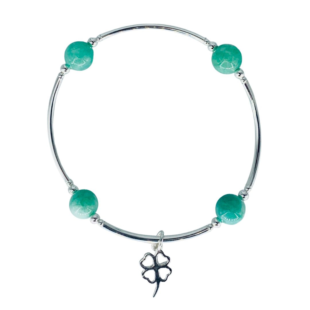 Blessing Bracelet 8MM Jade Beads With Shamrock on Sterling Bars-Friendship Bracelet