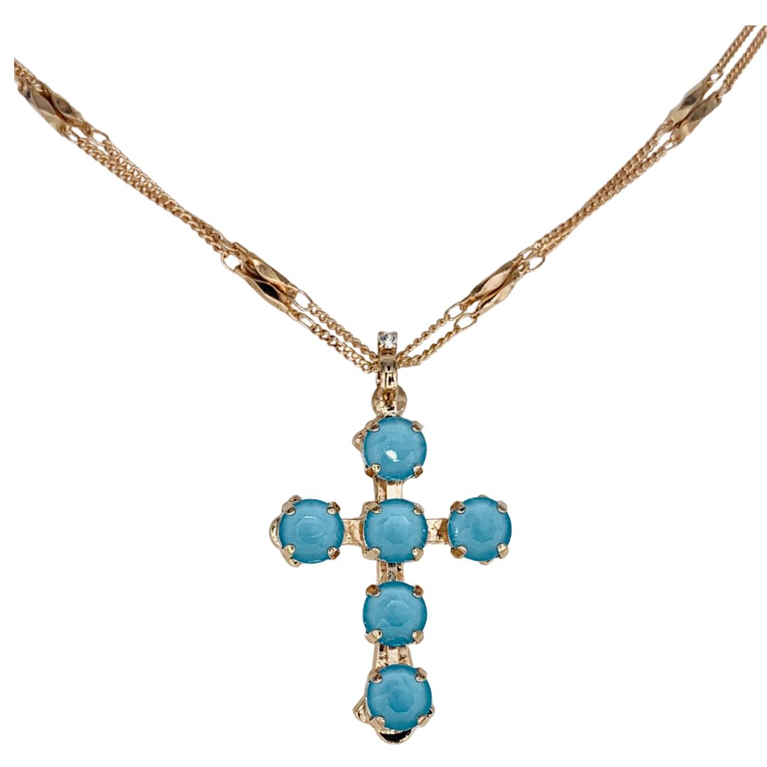 Mariana  Cross Necklace in Sunkissed Blue on Rose Gold