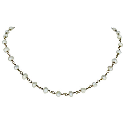 Long Freshwater Pearl Necklace Wrapped on Antiqued Brass Wire