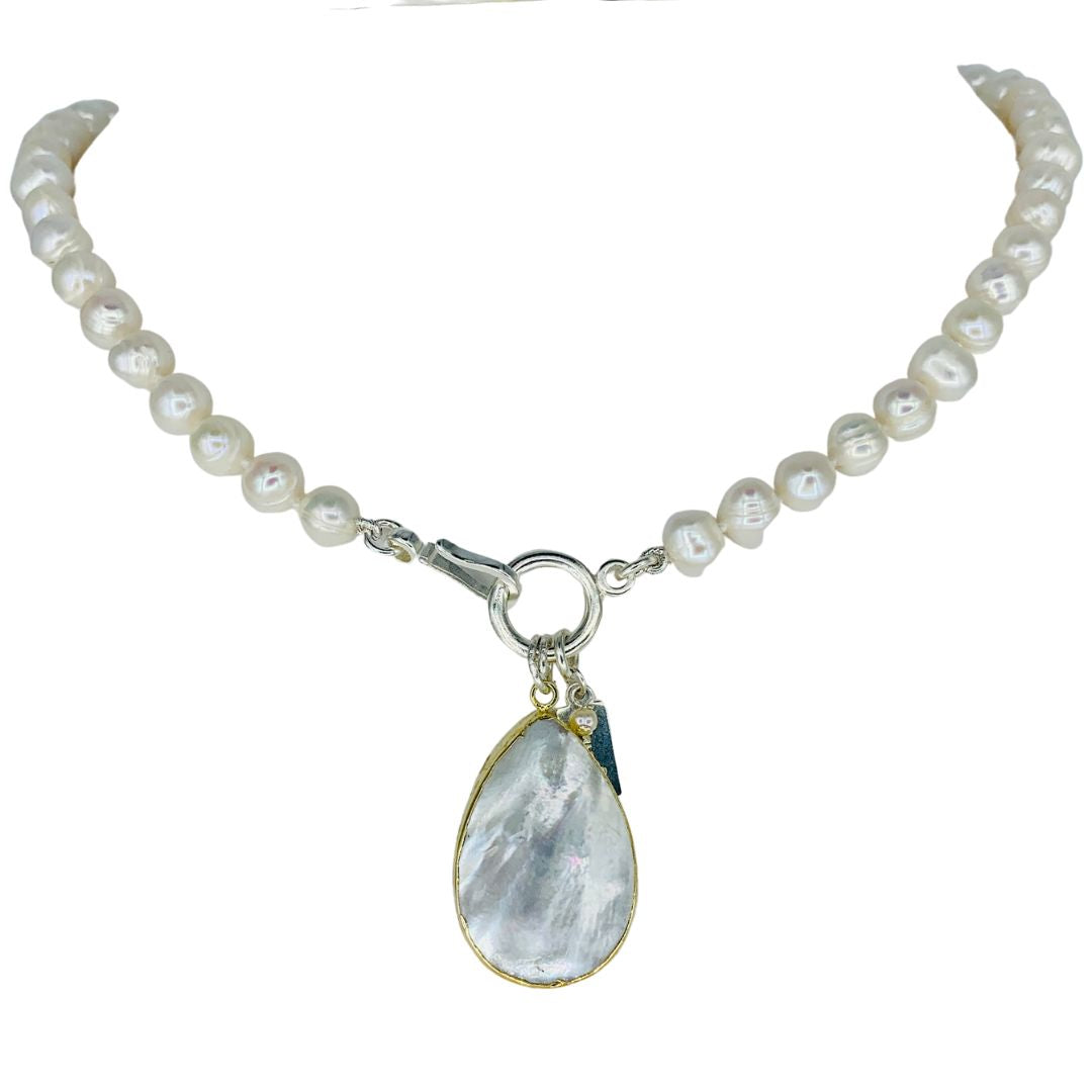 Ring Pearl Necklace with Mother of Pearl Teardrop Pendant